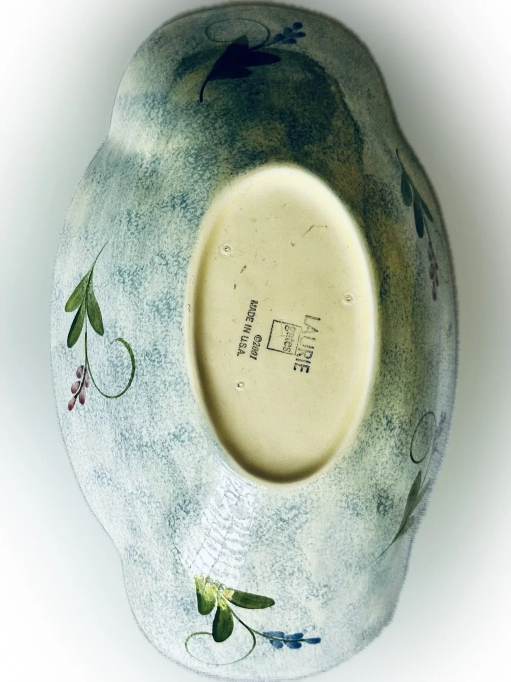Laurie Gates Hand-Painted Floral Ceramic Dish in Cream with Pink & Blue Flowers